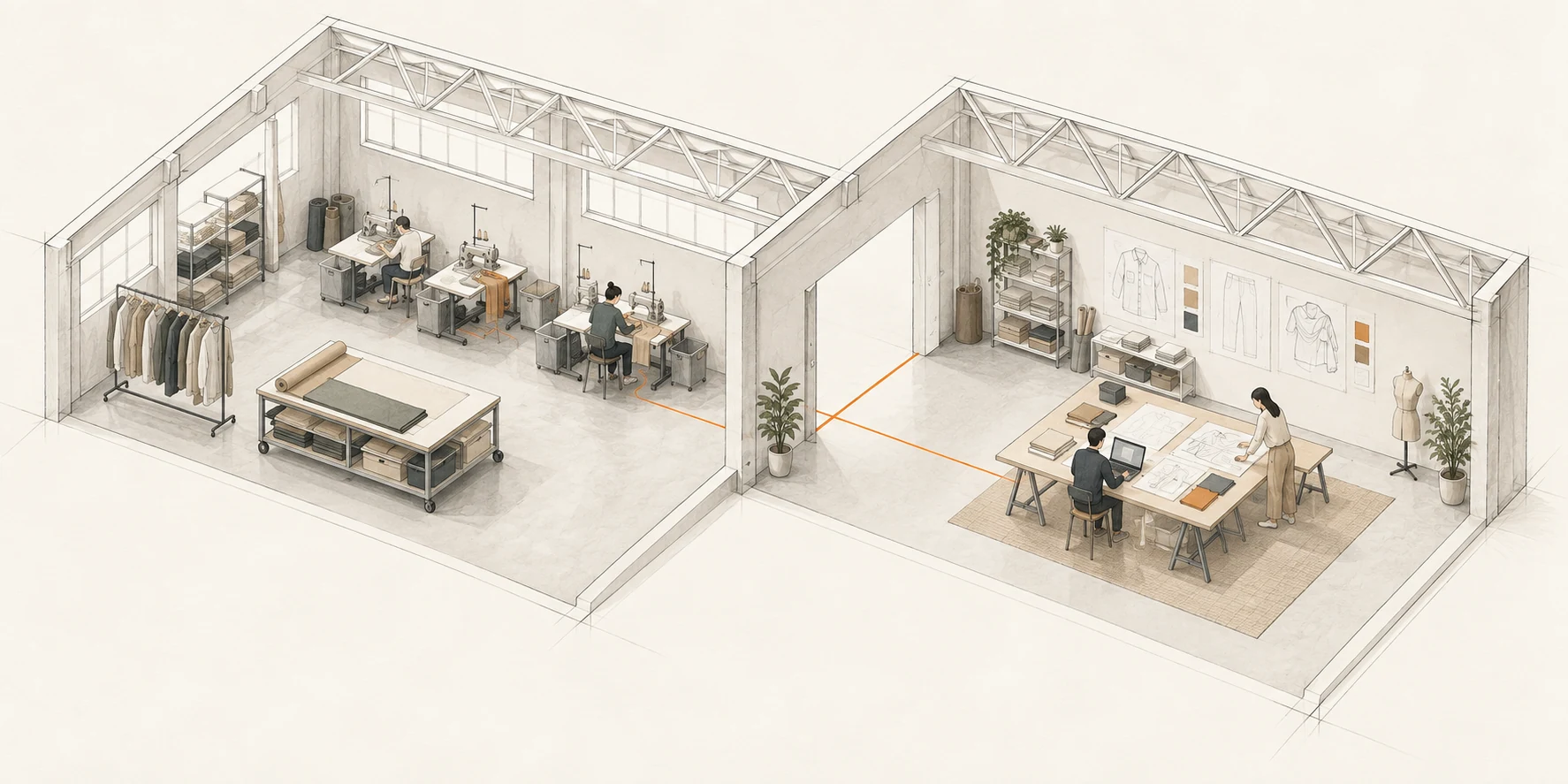 Editorial architectural illustration connecting garment-factory operations with product and engineering work