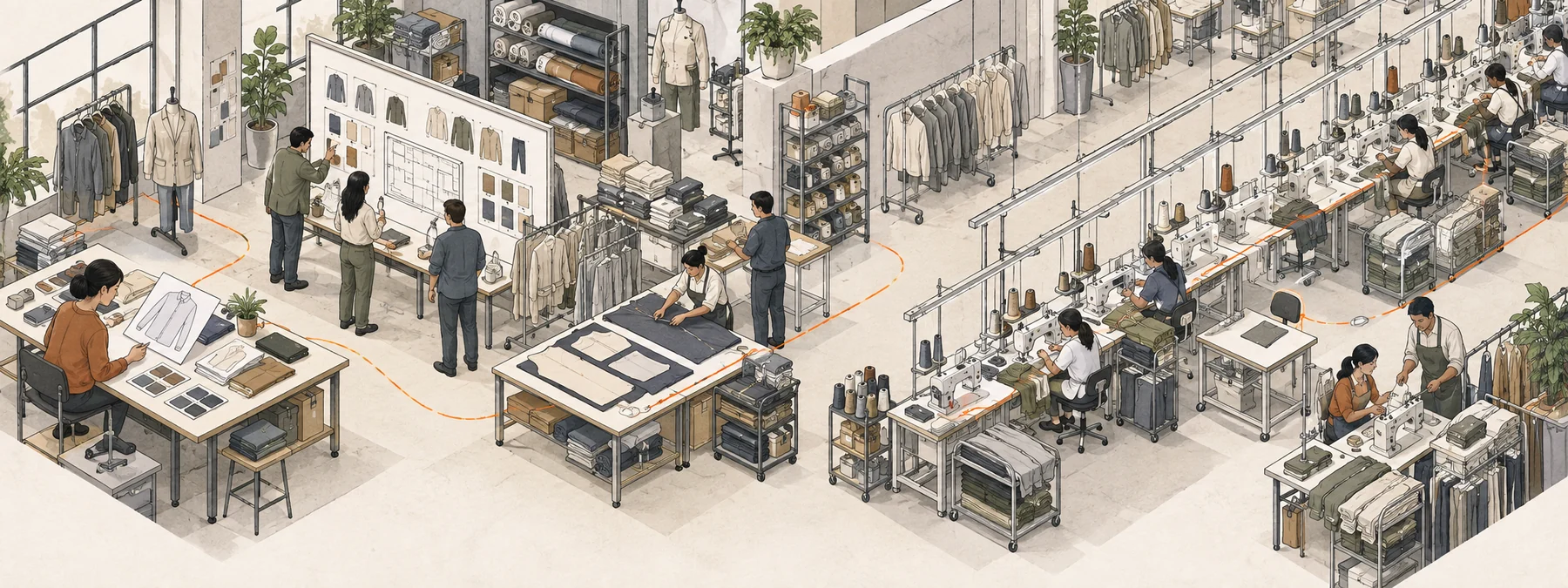 Editorial isometric panorama showing buyer garment information, planning, readiness, sewing production and adjustment to changing conditions in one connected apparel factory