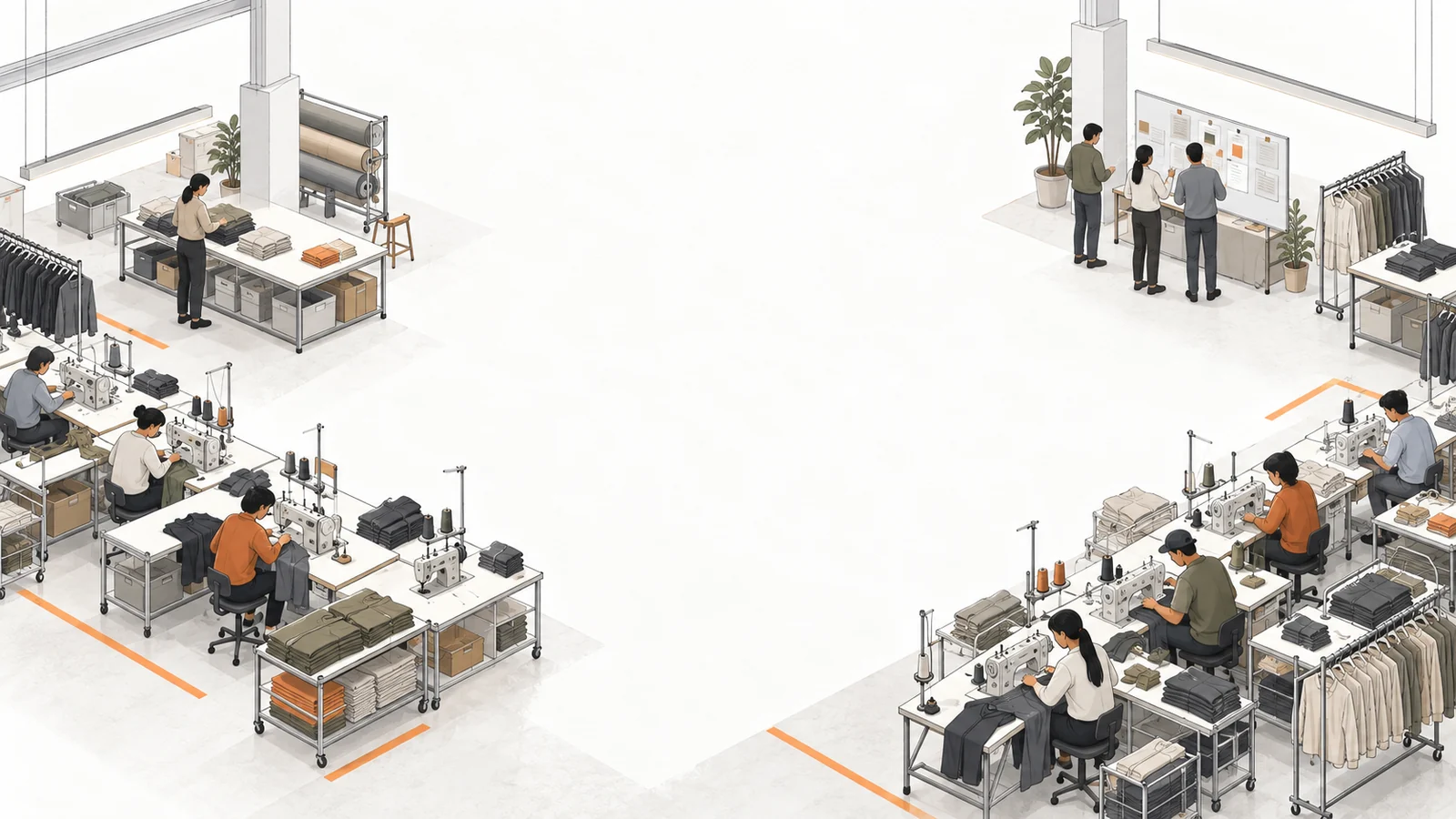 Editorial cutaway illustration of apparel sewing lines and a production-readiness area