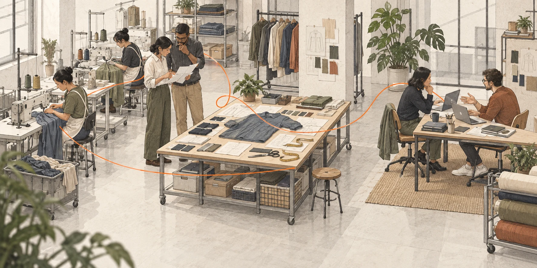 Editorial illustration: factory operators and planners share garment and operating context with product and engineering builders, joined by a returning orange thread